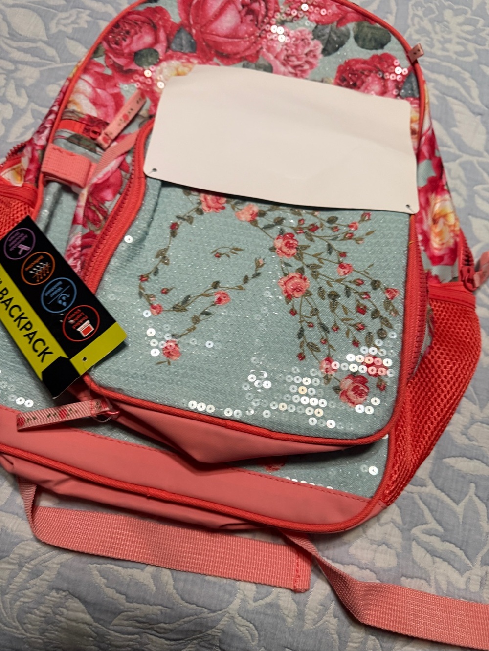wonder nation Coral Pink & Aqua Floral Sequin Backpack w lunchbag